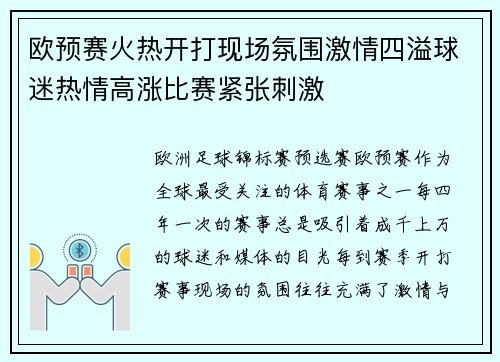 欧预赛火热开打现场氛围激情四溢球迷热情高涨比赛紧张刺激